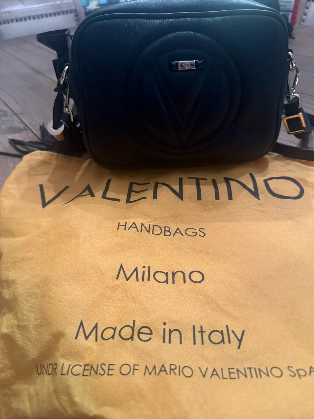 Valentino Black Quilted Logo Camera Crossbody with Gold Accents